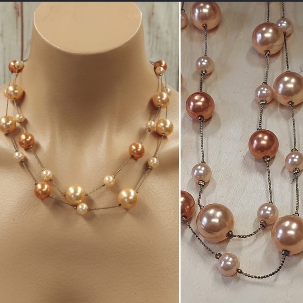 N1374 Vintage 90s Double Row Mixed Peach Champagne Faux Pearl Necklace